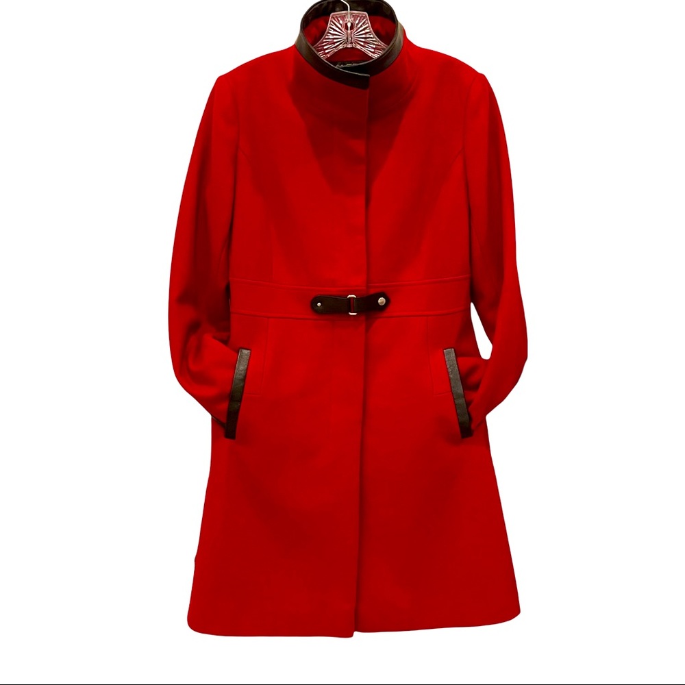 Via Spiga Red Wool + Black Faux Leather Posh Peatcoat - Picture 5 of 16